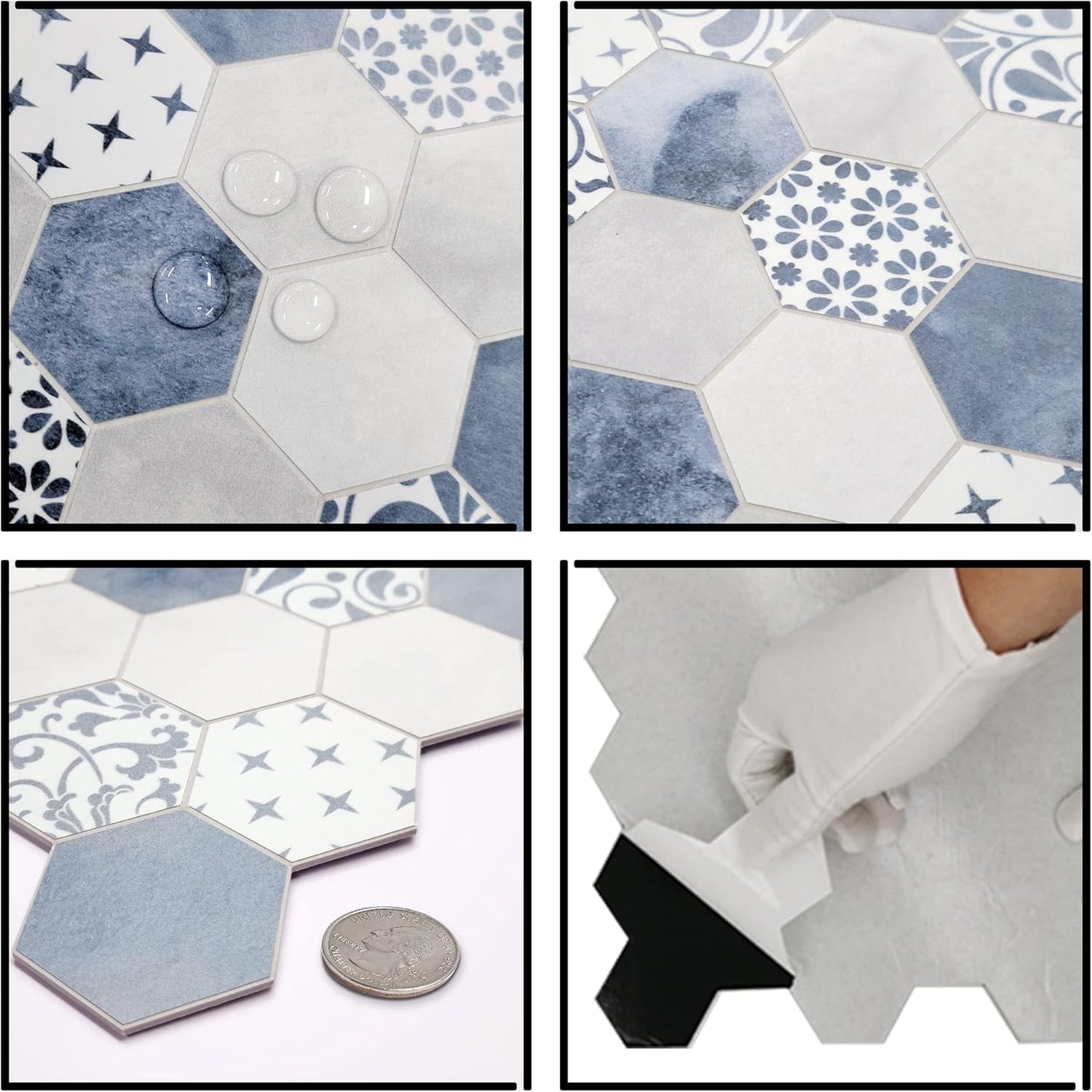The Tiles Plaza 10-Sheet Peel and Stick Backsplash, Blue Cement Hexagon Stone Composite Marble Looks Self Adhesive Wall Tile, Stick On Tiles for Kitchen Bathroom Shower, Cover 9 Sq Ft.