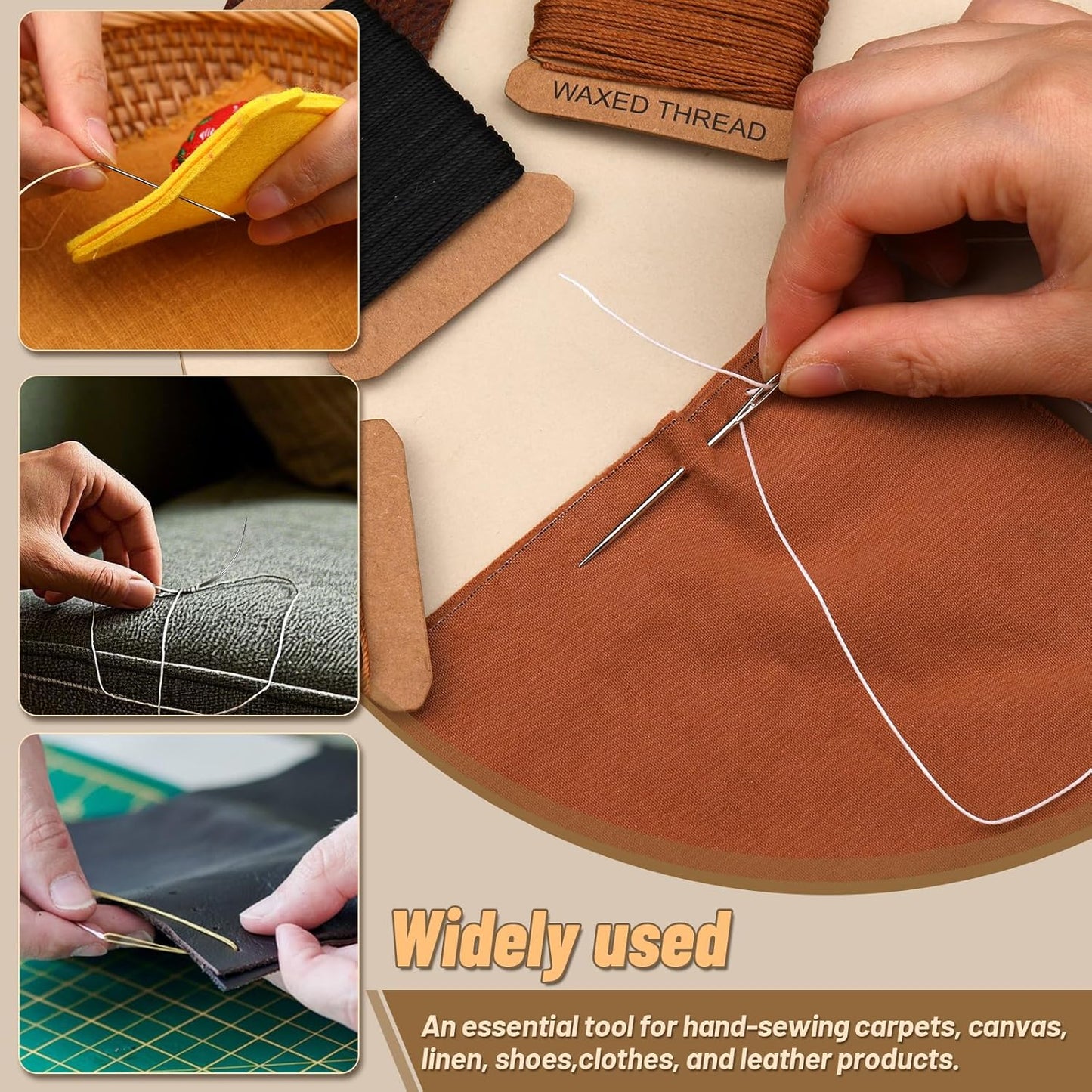 IMZAY 132 Yards Upholstery Repair Kit, 0.55MM and 0.8MM Waxed Sewing Thread with 14 PCS Heavy Duty Needles, Thimbles for Leather Sewing, Bookbinding, Beading, Stitching (3 Colors)