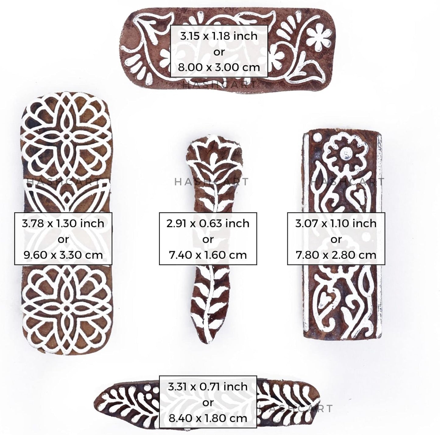 Wooden Stamps for Block Printing | Set of 5 | Border Shaped Wooden Finger Stamps, Tattoo Handcarved Indian Textile Printing Blocks for Henna Mehndi Clay Pottery Hashcart®