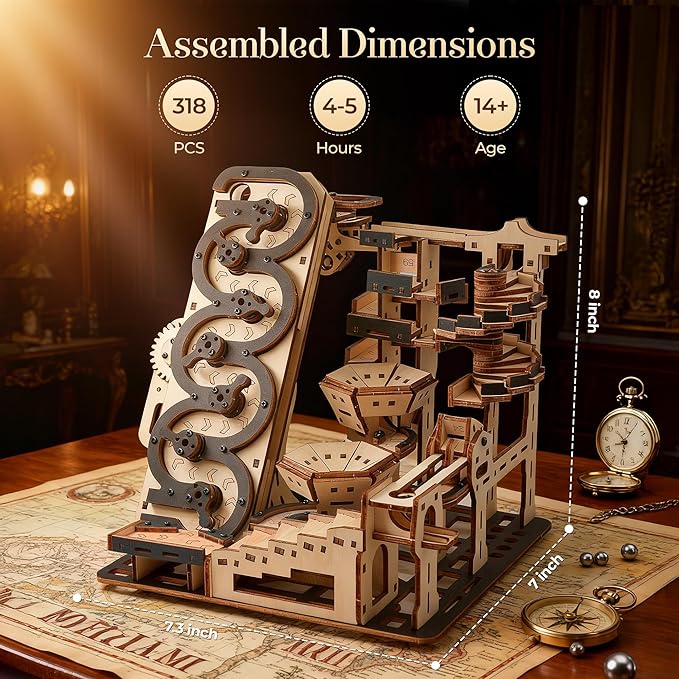 Electric 3D Wooden Kinetic Art - Automated Rolling Ball Maze Building Kit for Adults & Teens. DIY Mechanical Puzzle, STEM Project, Zen Home Office Decor & Brain Teaser Gift