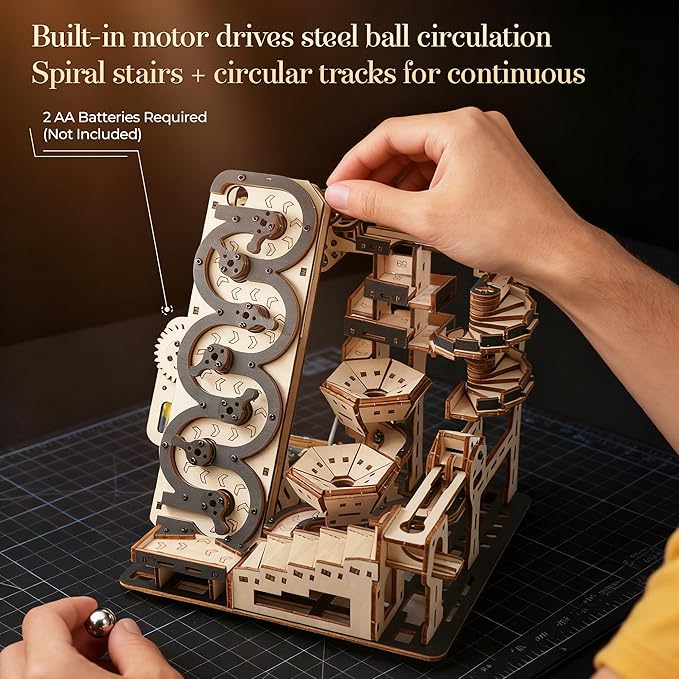 Electric 3D Wooden Kinetic Art - Automated Rolling Ball Maze Building Kit for Adults & Teens. DIY Mechanical Puzzle, STEM Project, Zen Home Office Decor & Brain Teaser Gift