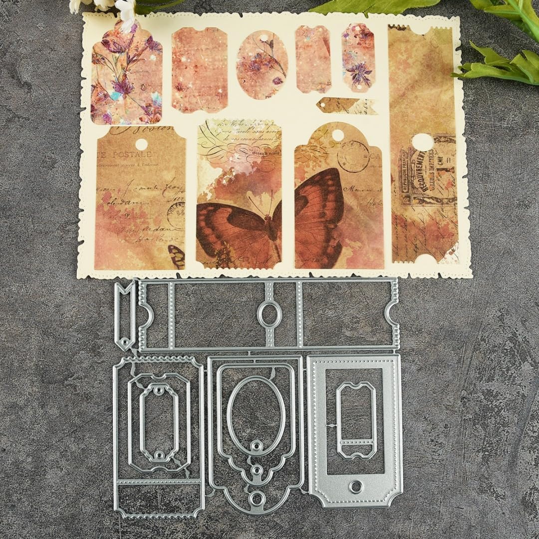 Mvchifay Cutting Dies Happy Birthday Holiday Thanks Greetings Metal Stencils Scrapbooking Tool Love Heart DIY Carbon Steel Embossing Template for Paper Card Making (Stamp Tag-10.7x12.9cm)