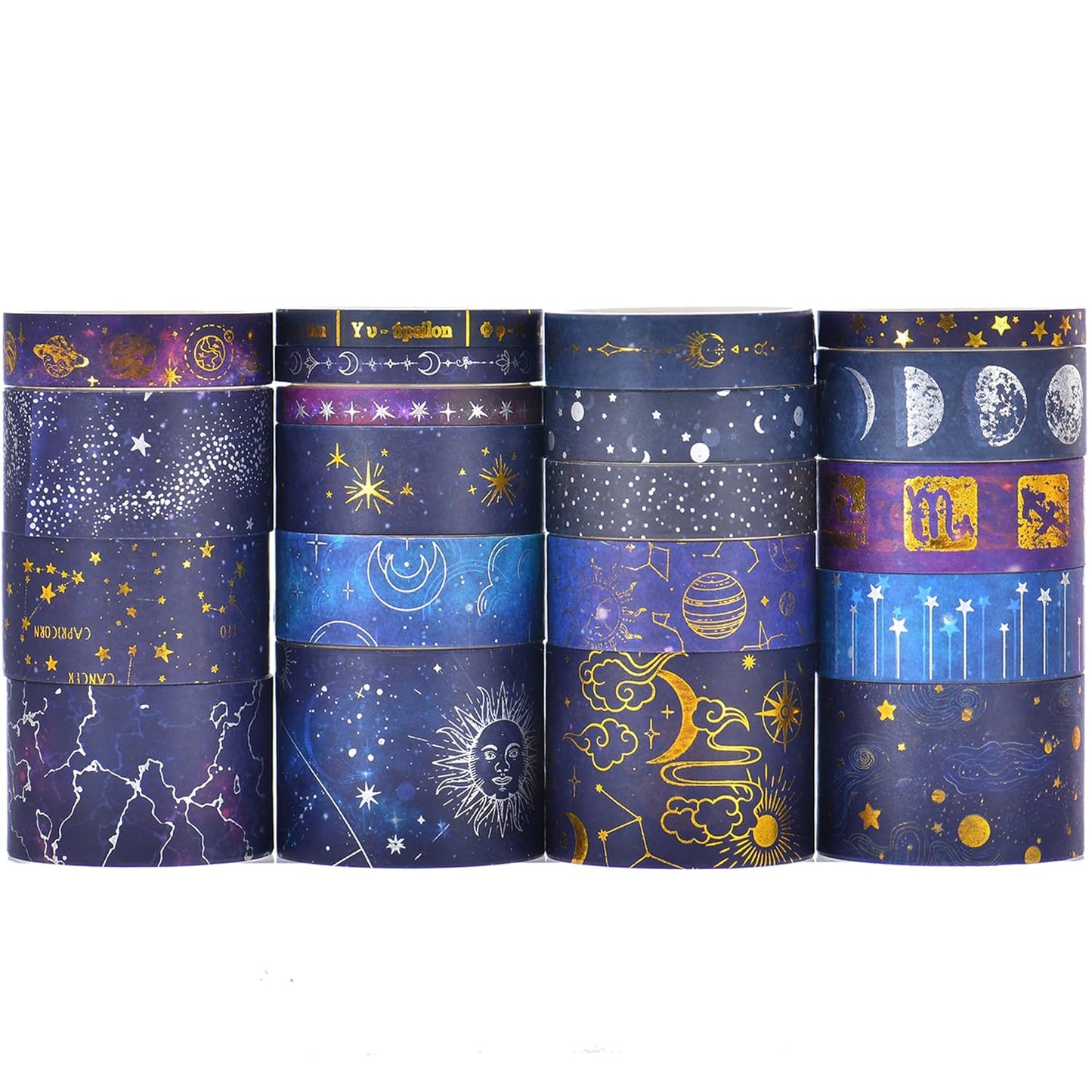20 Rolls Galaxy Washi Tape Set Stars Arts Adhesive Tapes Gold Silver Foil Decorative Masking Tape Sets for Craft, Kids, Scrapbook, DIY, Gift Wrapping