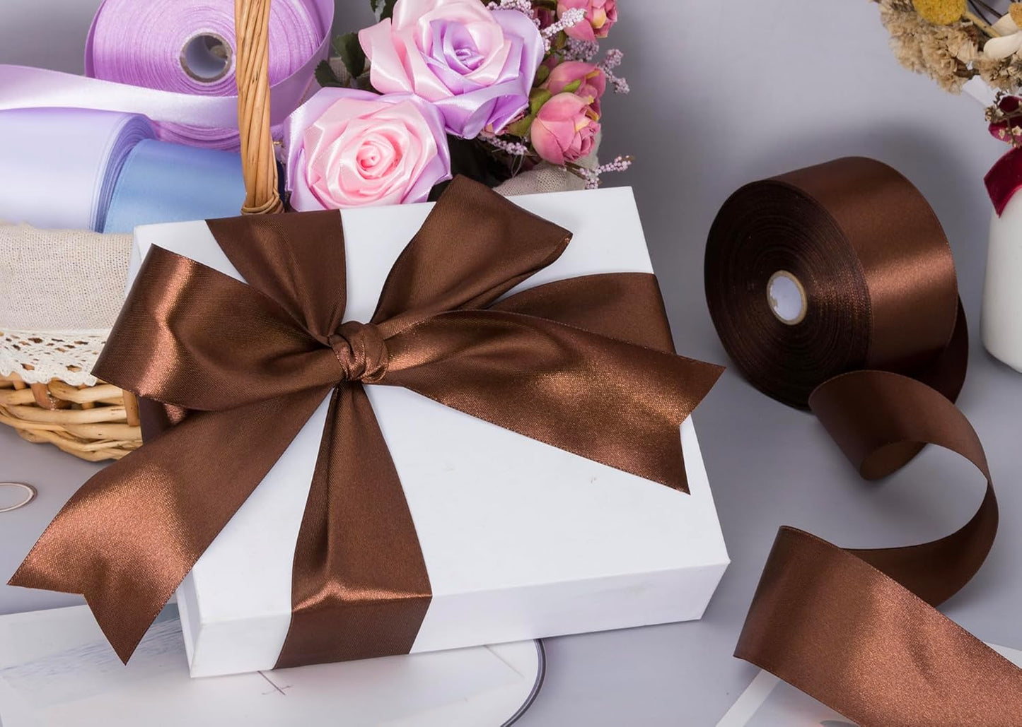 2 Inch Brown Solid Satin Ribbon, 50 Yards Craft Fabric Ribbon for Gift Wrapping Floral Bouquets Wedding Party Decoration