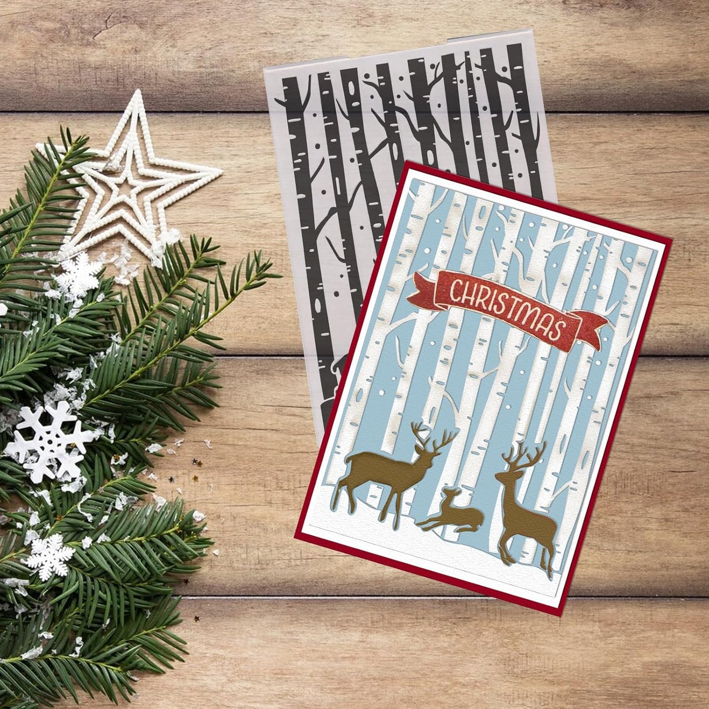 Threetols 3-D Textured Christmas Embossing Folder, Elk Background Embossing Folder for Card Making, Forest Frame DIY Plastic Scrapbooking Photo Album Card Paper DIY Craft Decor Template Mold