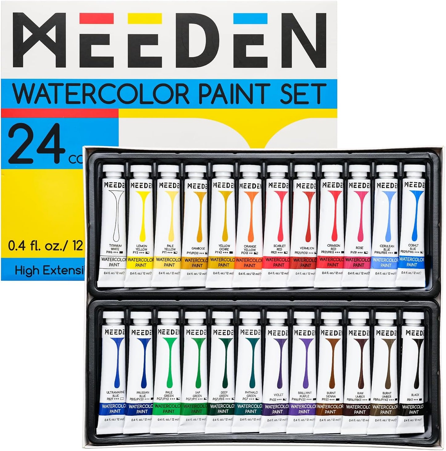 MEEDEN Watercolor Paint Tubes Set - 24 x 12ml/0.4oz Water Color Paints for Students Beginners