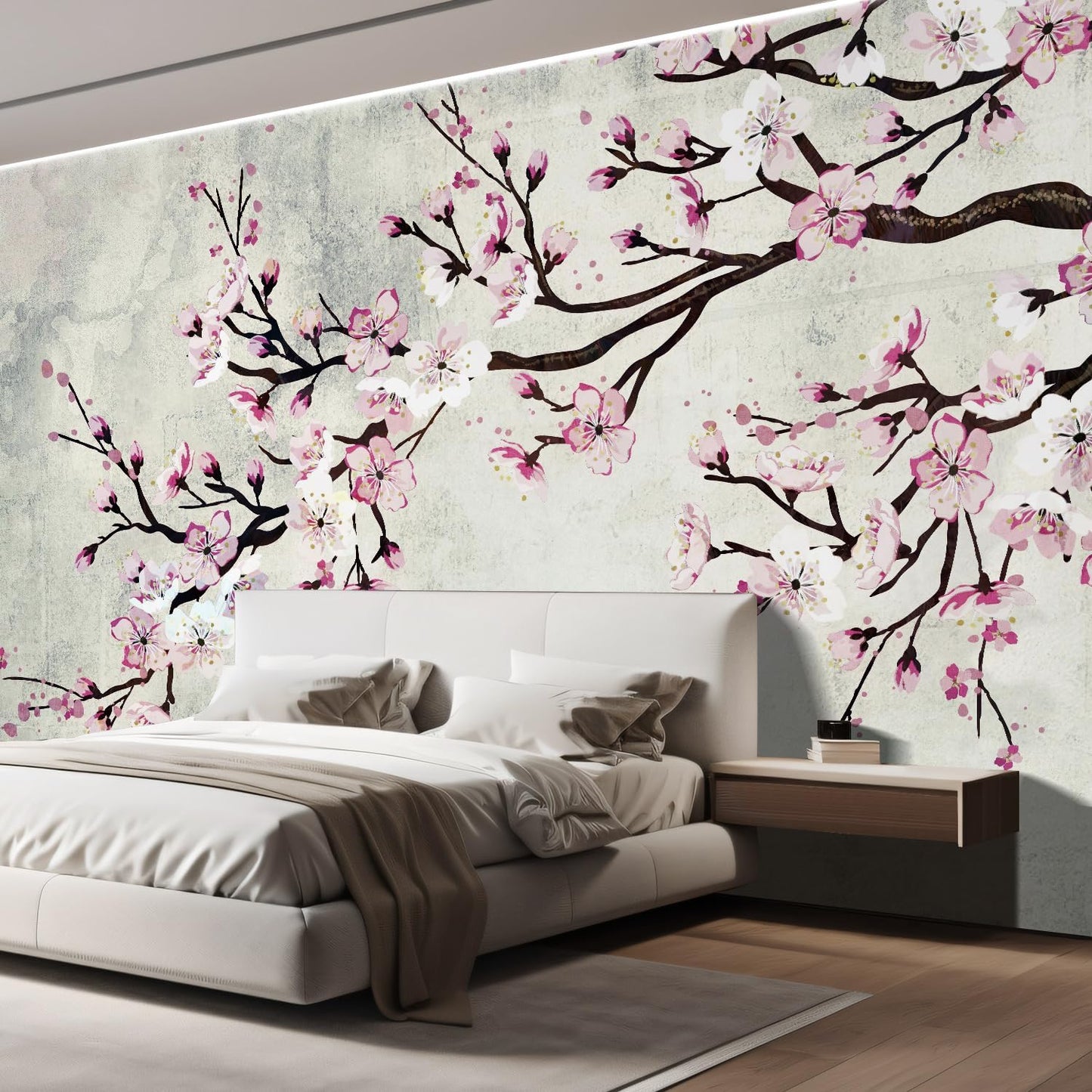 wall26 Wall Sticker/Wall Mural Watercolor Style Ink Painting Pink Cherry Blossom on Vintage, Not Peel and Stick, Non-Woven Wallpaper Decorative for Bedroom, Living Room, Office - 100x144 inches