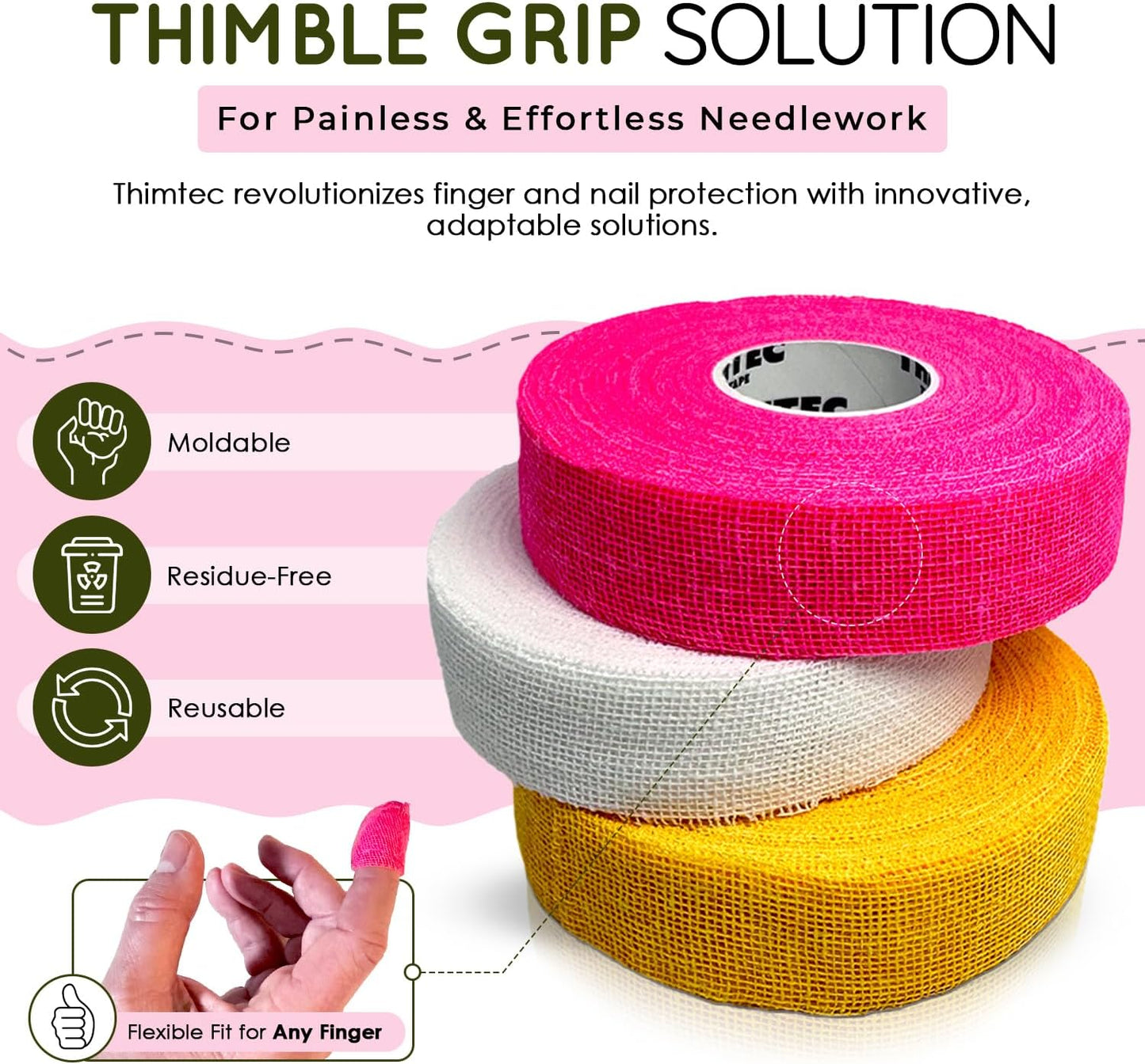 THIMTEC - The Original Thimble Tape for Hand Sewing - Fully Adjustable Nail & Finger Protector - A Smarter Alternative to Classic Knitting Thimbles - Multicolor, 3-Pack