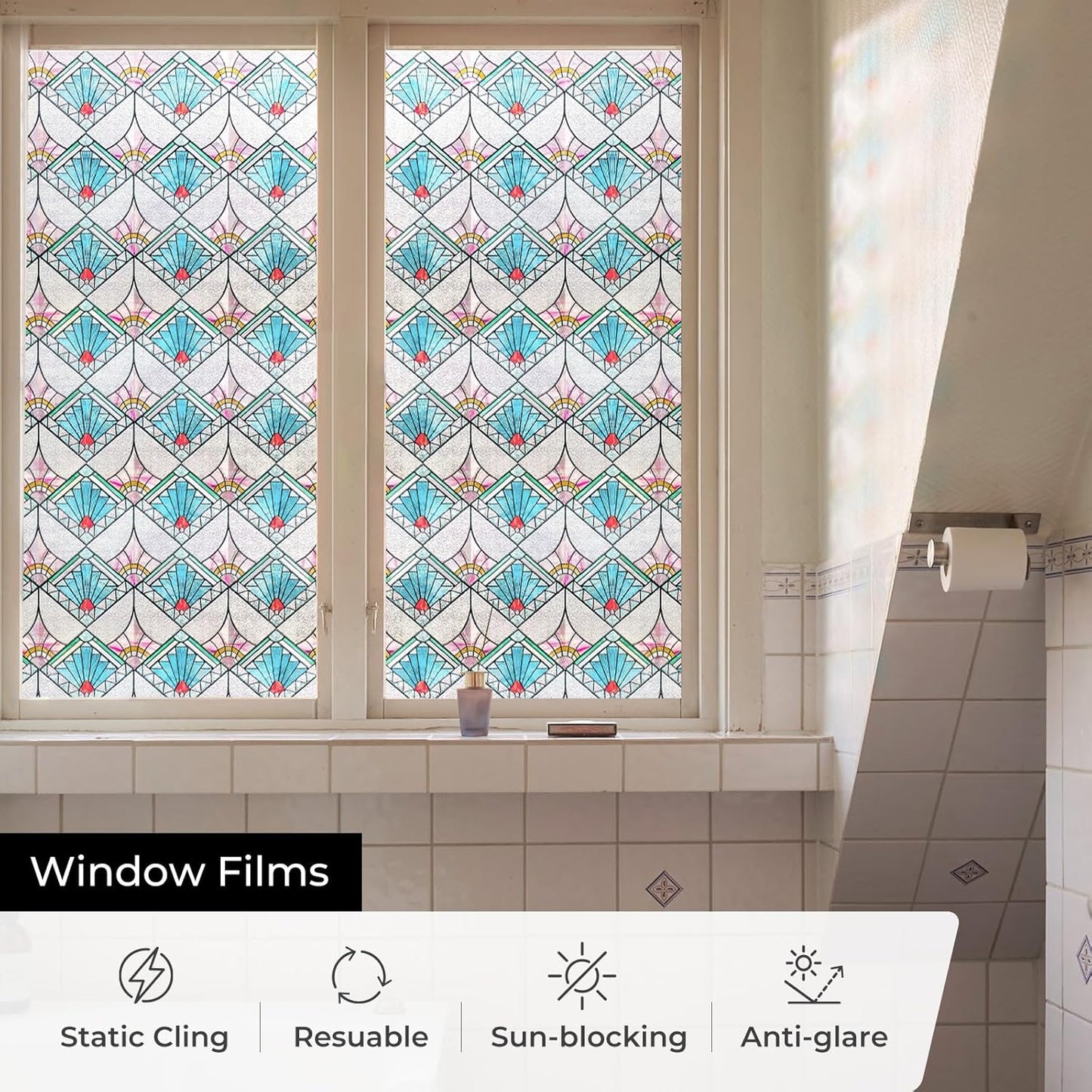 3D Stained Glass Window Film, Decorative Window Privacy Film for Bathroom,Front Door,Home, Sun Blocking Heat Control,Static Cling,23.6inch x 35.4inch Refractive Narrative