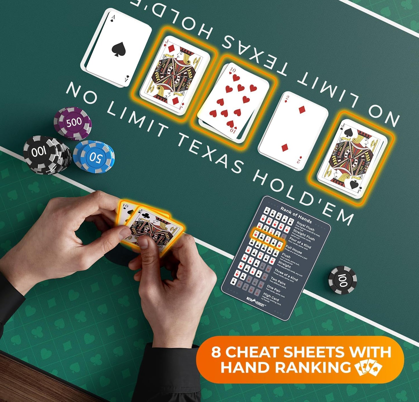 Newverest Poker Table Top 70" x 35", Texas Hold'em Poker Mat for Home Game Nights Up to 10 Players, Casino| Poker Topper Cloth for Tables in Zipper Storage Bag with 8 Coasters in Poker Gift-Ready Box