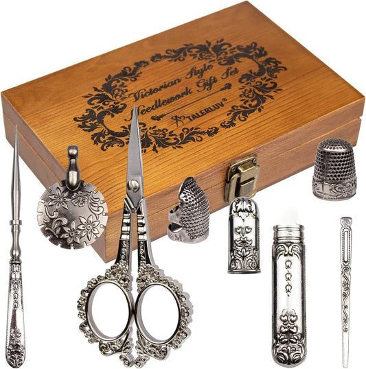 Vintage Embroidery Scissors Kit, Victorian Needlework Gift Set with Antique Shear, Thread Cutter, Thimbles, Needles, Awl, Bodkin, Winding Board for Sewing, Knitting, Cross Stitch, Quilting