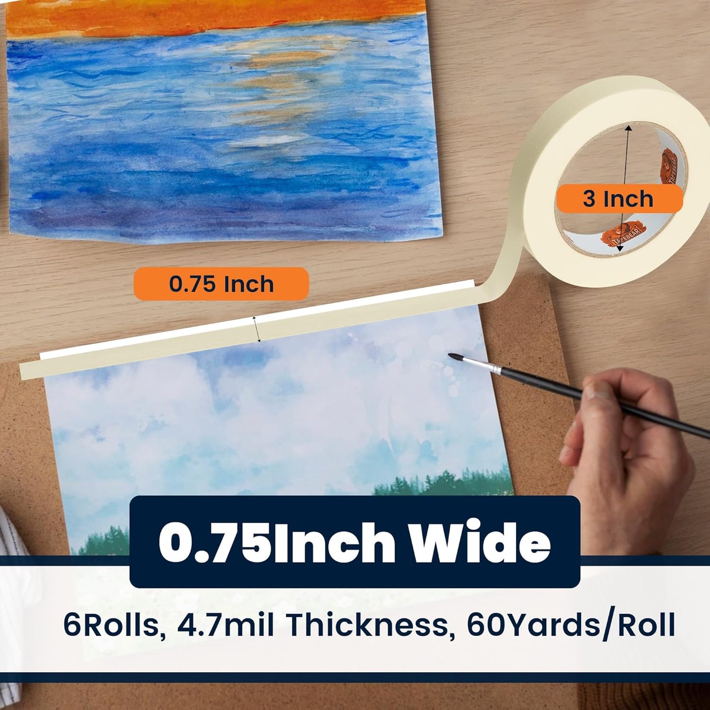 TAPEBEAR General Purpose Masking Tape 0.75 Inches x 60 Yards, Beige White Painters Tape for Painting, Labeling, DIY Arts Crafts, Home Office School Projects, 6 Rolls