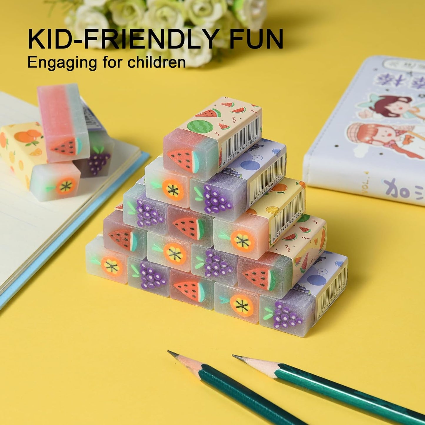 HILAZA 18Pcs Cute Fruit Erasers for Kids Bulk, Kawaii Fun Pencil Jelly Erasers for School Classroom Supplies Prize Gifts Party Favors