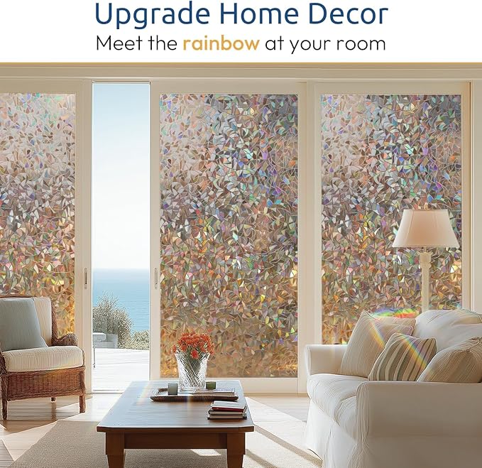 rabbitgoo Window Privacy Film Rainbow Film Decorative Window Sticker, 3D Static Stained Glass Cling Tint for Home Heat Control Non-Adhesive, Brown, 35.4 x 157.4 inches