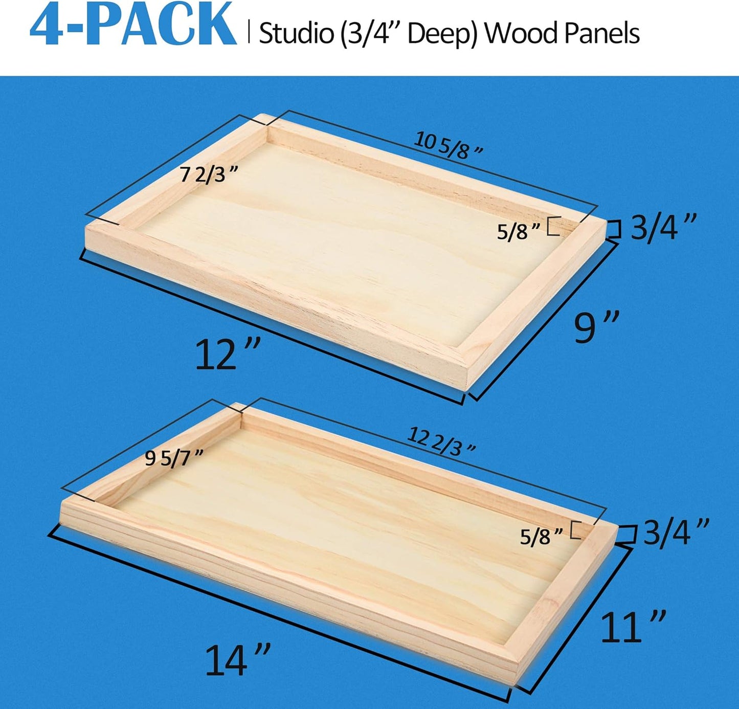 Falling in Art Unfinished Birch Wood Canvas Panels Kit, 4 Pack of 2 Sizes 11x14' and 9x12' Studio 3/4’’ Deep Cradle Boards for Pouring Art, Crafts, Painting, and More