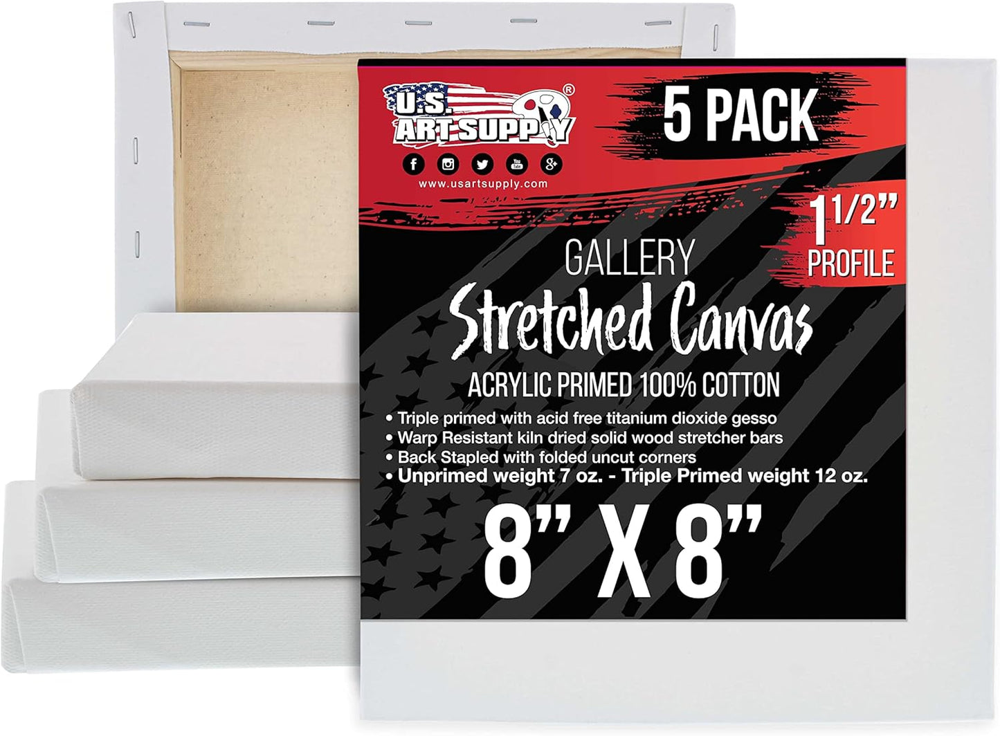 U.S. Art Supply Square Stretched Canvas for Painting 8x8 inch Gallery Depth 1-1/2" Thick, 5-Pack - 12oz Acrylic Gesso Triple Primed, Professional Artist Quality, 100% Cotton - Pouring, Oil Paint