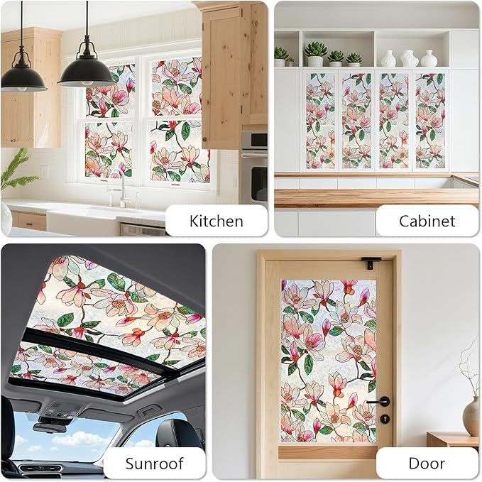 Kromapolis Window Privacy Film, Stained Glass Sticker Floral Window Clings, Decorative Static Clings UV Blocking Colorful Decals, Removable Vinyl Covering Rainbow Magnolia Flowers, 35.4'' x 78.7''