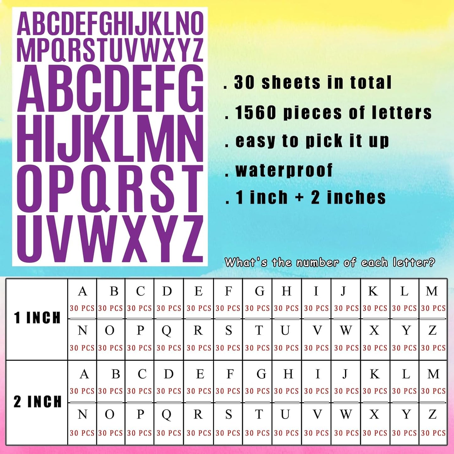 Bemeol Letter Stickers 1560 Pieces 30 Sheets Stick on Vinyl Letters Capital Alphabet Sticker Letter for Craft Bulletin Boards Classroom Home Business Decor(Purple,1 Inch,2 Inch)