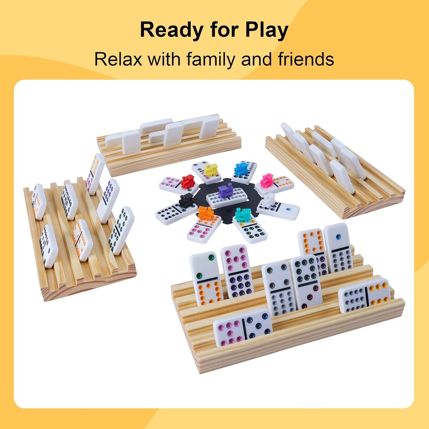 Double 12 Mexican Train Dominoes Set for Adults with 8PCS Wooden Holders, 9 Train Markers, 91 Color Dot Tile Dominos in Tin Box & Hub - Classic Family Board Game Set Party Toy Gift for Kids