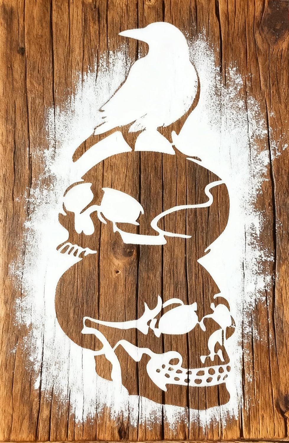 TIAMECH A4 Reusable Halloween Crow Skull Stencil for Painting - Horror Ghost Atmosphere Layering Template, DIY Wall Art, Wood Furniture, Scrapbook & Crafts (8.3x11.7inch)