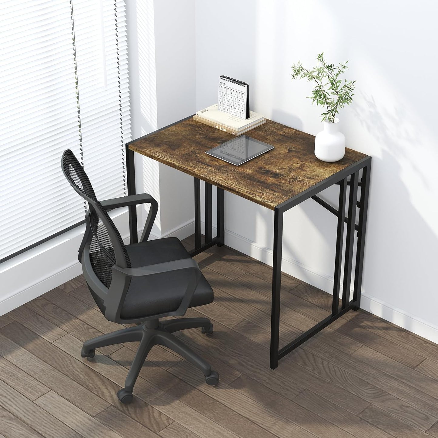 32 inch Small Folding Computer Desk, Writing Gaming Computer Desk for Small Spaces, No Assembly Required Home Office Desk, Rustic Brown