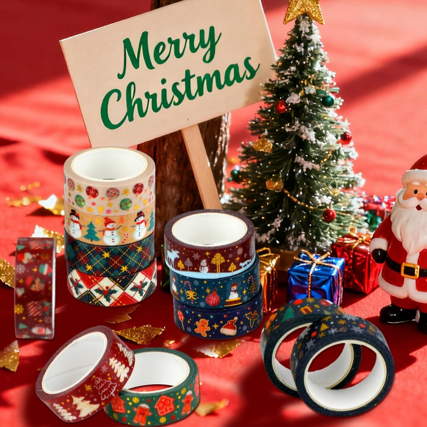 12 Rolls Christmas Washi Tapes Christmas Tree Snowman Snowflakes Gingerbread Man Masking Tape Red Green Gold Foil Xmas Decorative Tape for Xmas Scrapbook Journal Gift Wrapping DIY Crafts 16.4FT