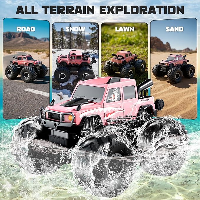 Amphibious Remote Control Trucks,2.4G 1:18 4WD All Terrain Off-Road Waterproof Monster RC Cars Pool Toys Hobby RC Vehicle Christmas Birthday Gifts for Kids Boys Girls 8 9 10 11 12+ Pink