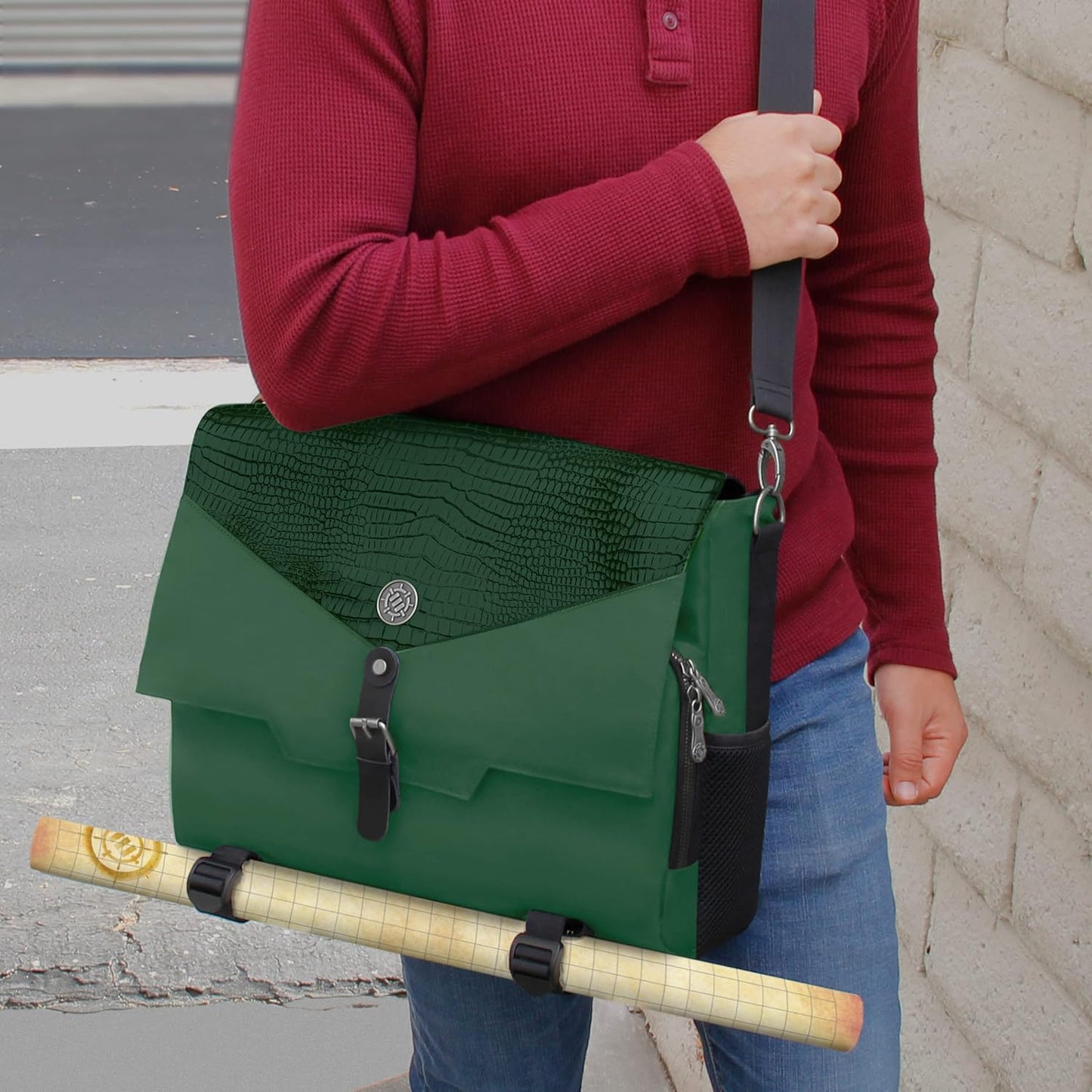 ENHANCE Collector's Edition RPG Player's Essentials DND Bag - Dragon Hide Exterior Messenger Bag Fits 2-4 Books, Binders, Dice & Accessories, with 17 inch Laptop Slot, Battlemap Straps (Dragon Green)