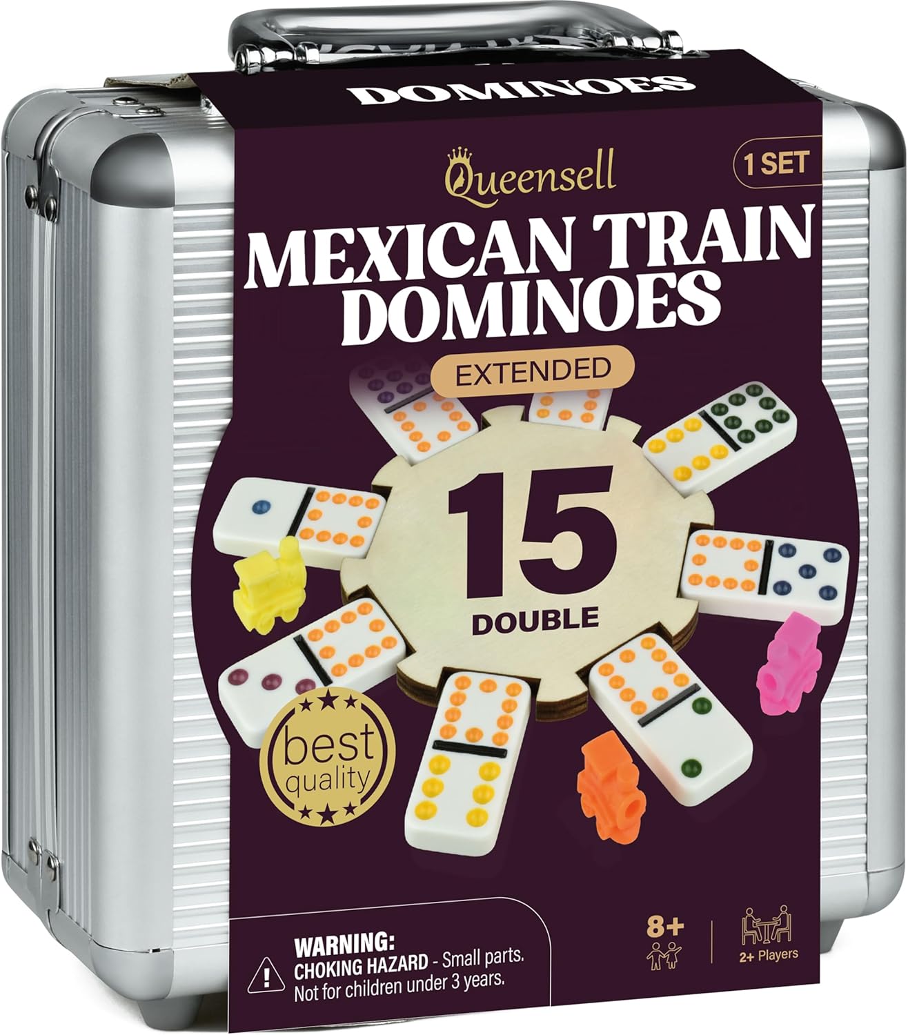 Queensell Mexican Train Dominoes - 136 Colored Dot Double 15s, 9 Trains, Wooden Hub, Aluminum Case