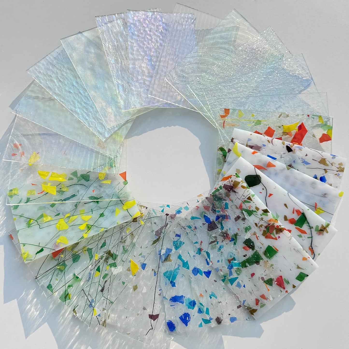 24 Sheets Clear Iridescent and Confetti Stained Glass Sheet Variety Pack, 4 x 6 inch Cathedral Art Glass Mosaic Tiles for Crafts, Stained Glass Supplies for Projects Mosaics