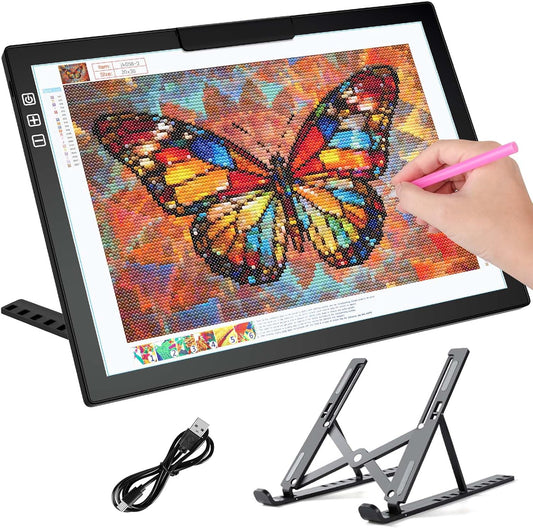 Bylitodt Cordless A4 Light Pad, Diamond Art Light Board with Stand, Lightbox for Tracing and Drawing with 6 Brightness, Tracing Pad for Weeding Vinyl, Sketching, Diamond Painting Accessories