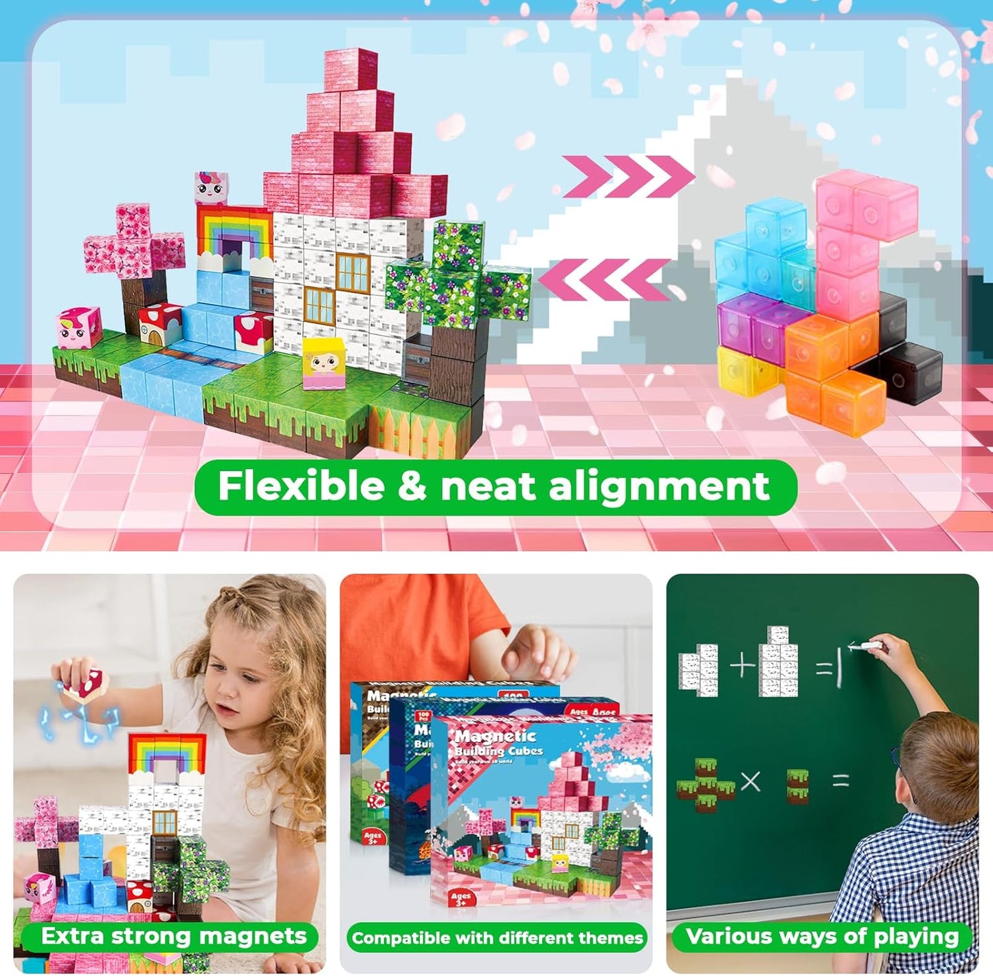 Goody King Magnetic Blocks|100PCS Magnetic Building Cubes,Unicorn Magnet Cubes for Kids Age 3 4 5 6 7 8 9 10, STEM Montessori Stacking Toy, Sensory Tiles Building Christmas
