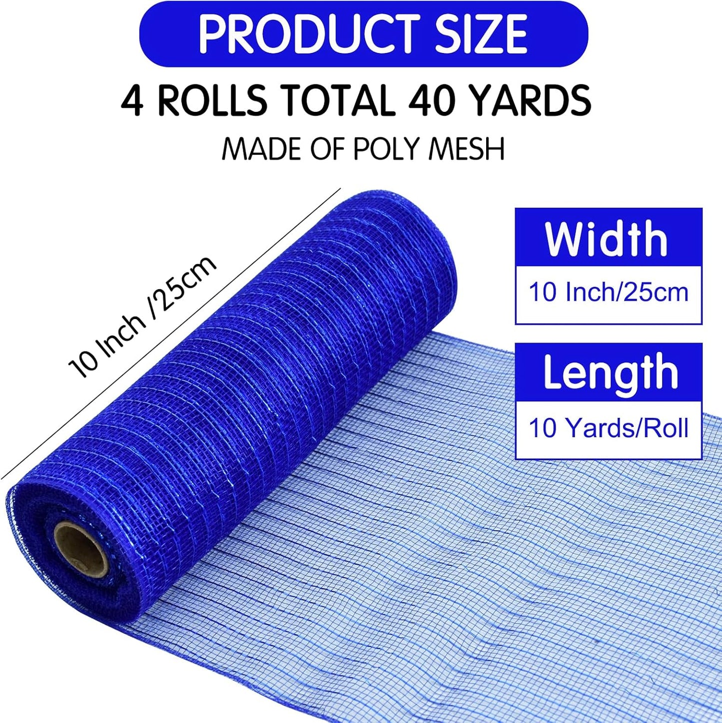 TONIFUL 4 Rolls 10 Inch Blue/Silve/White Decorative Mesh Ribbbon Rolls, for Wreath Supplies Front Door Wreath Craft Tree Decor Christmas NewYears Blue Decoration (30ft/roll, 120ft/Set)