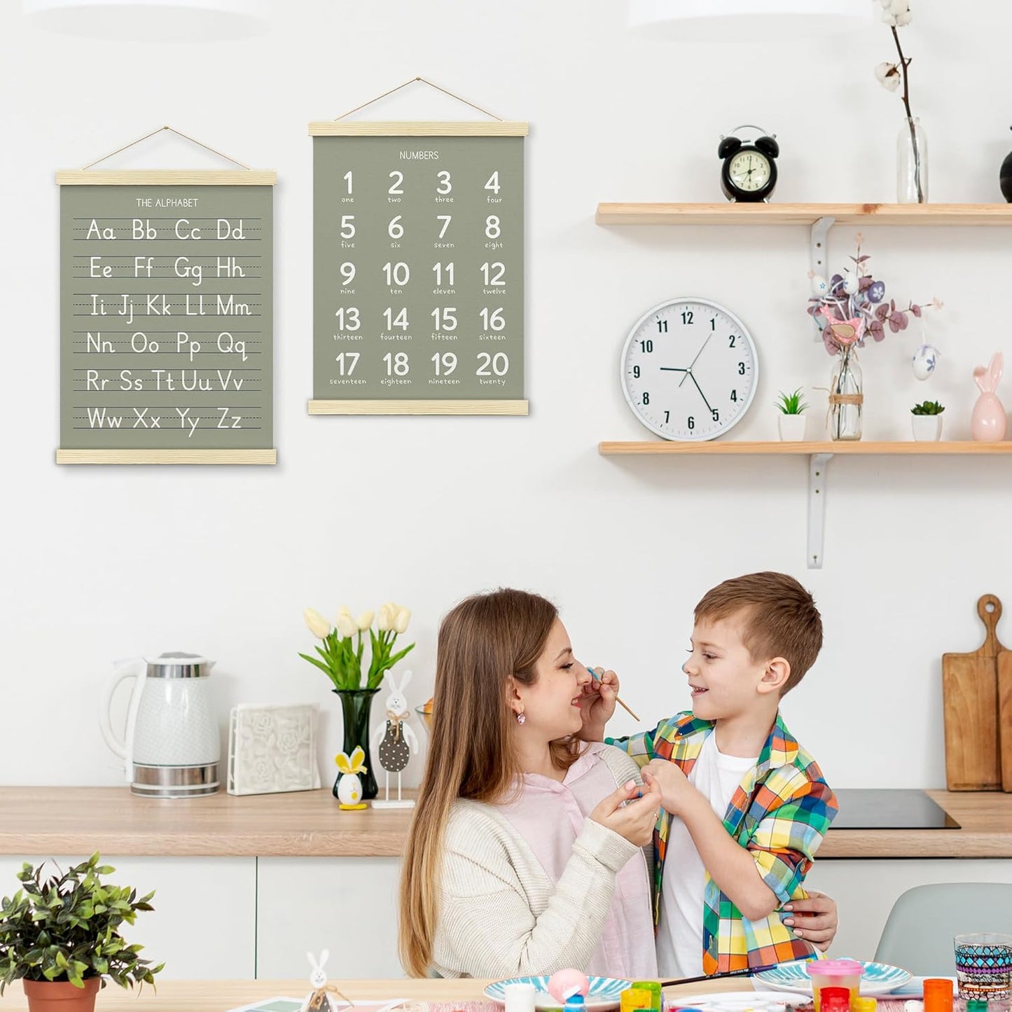 BONETAT Numbers alphabet poster for Nursery Toddlers, Play Room Wall Decor, ABC Wall Chart, Wall Hanging Decor for Toddler Playroom Decor Kids Wall Decor, Wooden Frame Alphabet Banner-A06