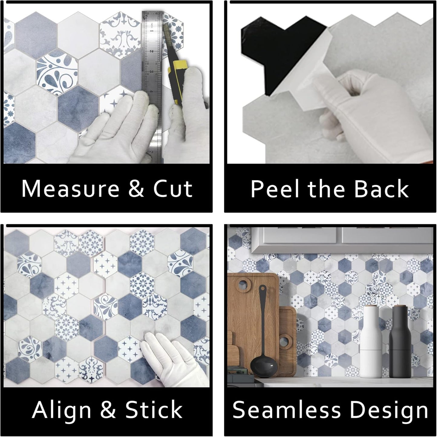 The Tiles Plaza 10-Sheet Peel and Stick Backsplash, Blue Cement Hexagon Stone Composite Marble Looks Self Adhesive Wall Tile, Stick On Tiles for Kitchen Bathroom Shower, Cover 9 Sq Ft.