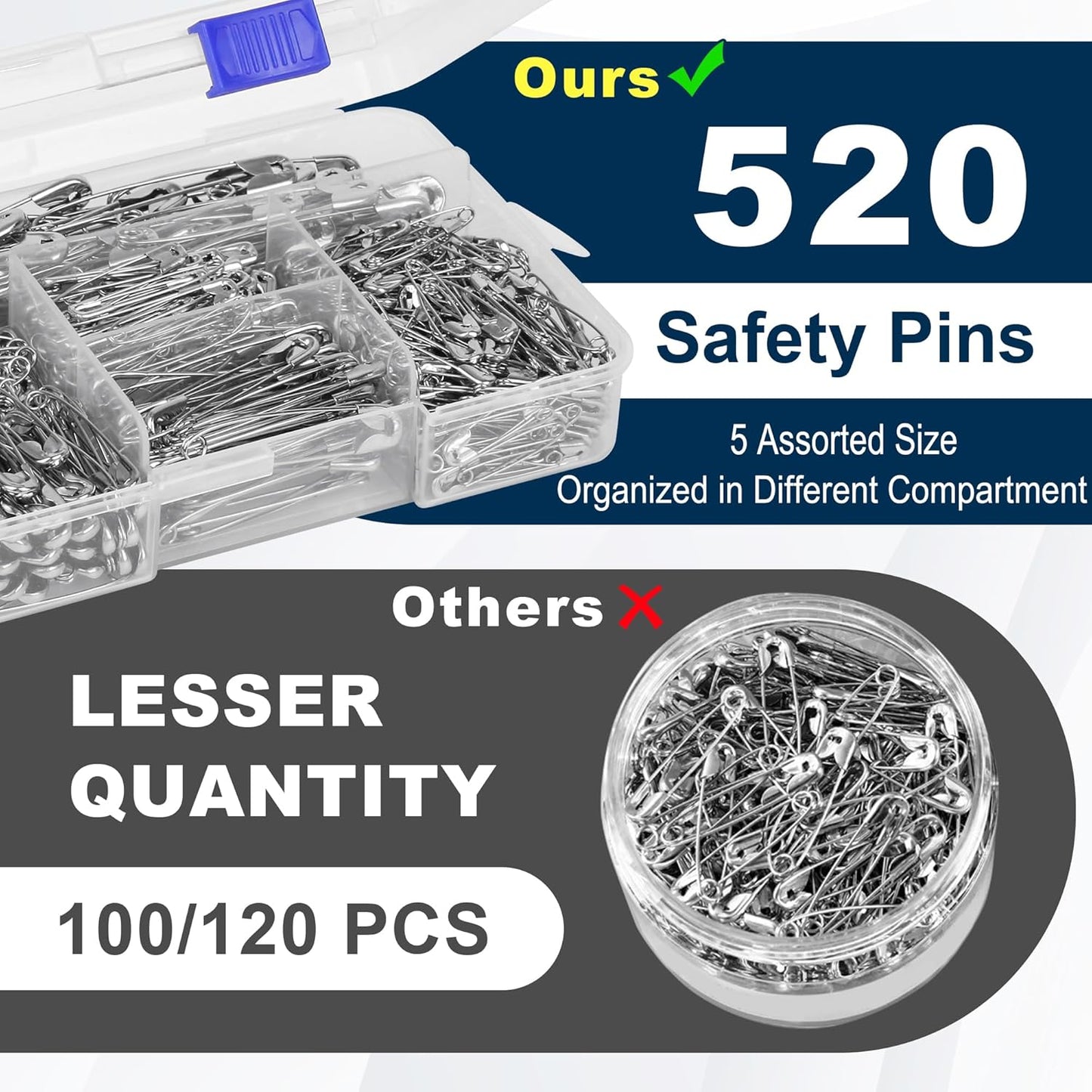 520 Pack Safety Pins, Assorted Size Bulk Silver Sewing Pins, Small & Large Heavy Duty Safety Pins for Clothes, Sewing, Art Crafts Supplies, Rust-Resistant Nickel Plated Steel