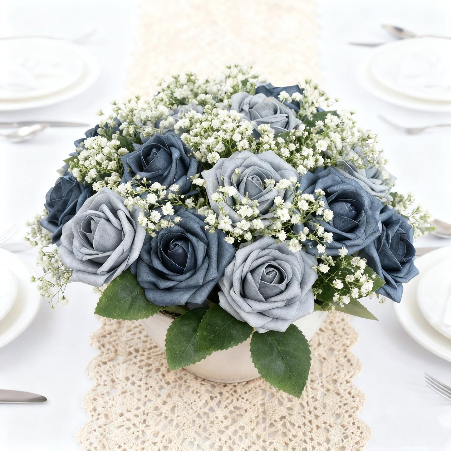 Artificial Flowers Foam Fake Roses 25pcs Series Blue Colors Roses with Stems for Home Decor DIY Wedding Bouquets Party Bridal Shower Centerpieces Faux Flower Arrangements Tables Decorations
