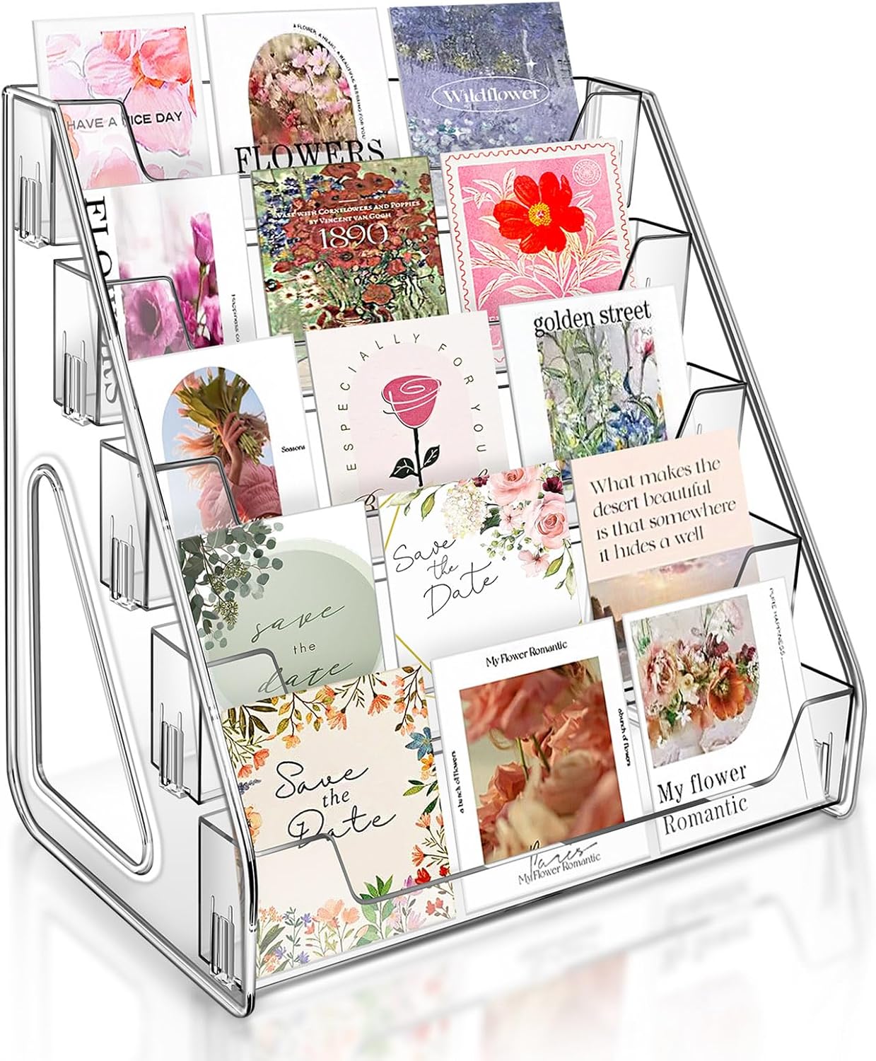 Tall 5-Tier Acrylic Card Display Stand for Greeting Cards, Sports Cards, Postcards, Stickers & Brochures, Easy Snap-On Sticker Display Rack