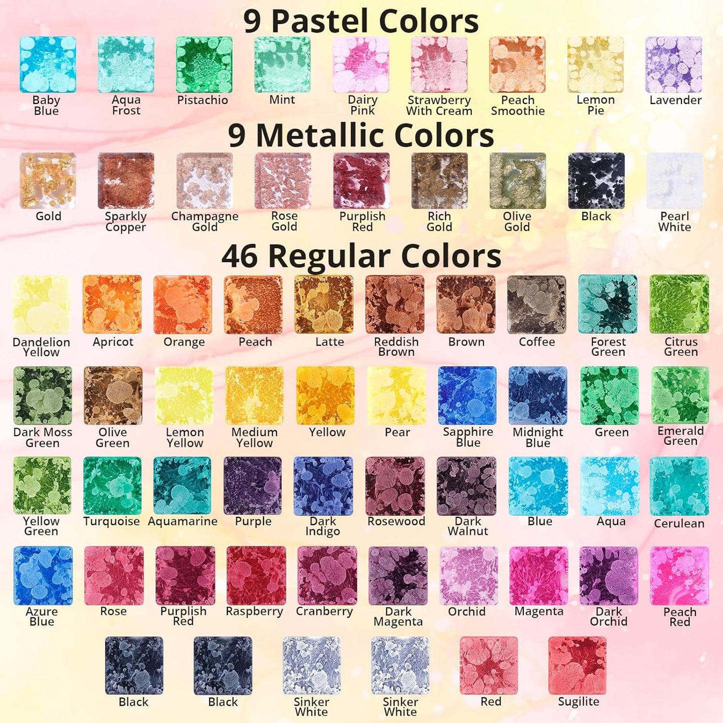 LET'S RESIN 64pcs Concentrated Alcohol Ink Set, 9 Pastel and 9 Metallic Vibrant Colors Alcohol-Based Resin Ink for Epoxy Resin, Alcohol Paint Dye for Resin Art, Tumblers, 3D Bloom (Each 0.35oz)
