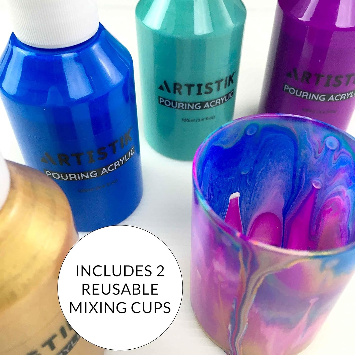 ARTISTIK Acrylic Pouring Paints - 8 x 100ml Paint Colour Set with 2 Mixing Cups - Paint Bottles for Art Supplies, Canvas, Glass, Paper, Wood, Stone, Tile