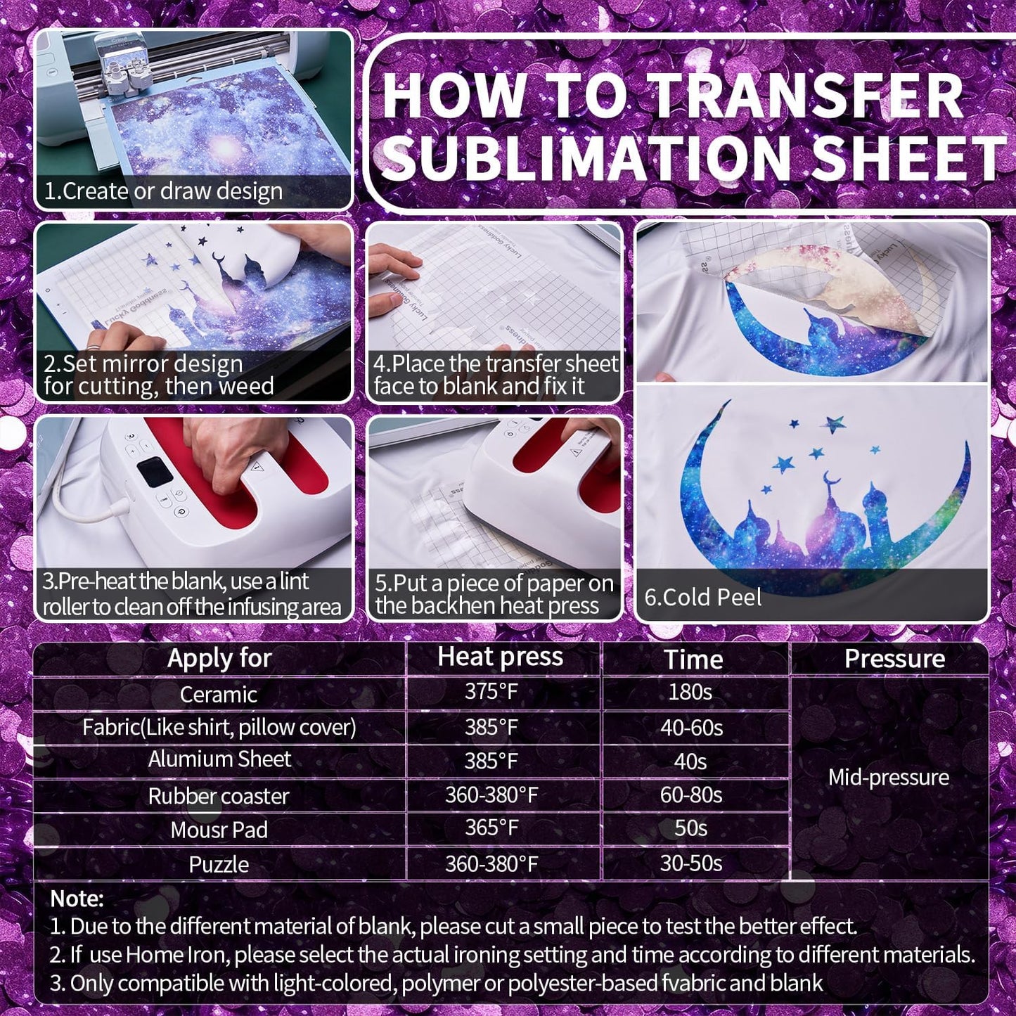 Sublimation Transfer Sheets for Tumblers Blanks Tshirts,Purple Glitter Sublimation Transfer Paper for Heat Press Machine,8pcs,12x12