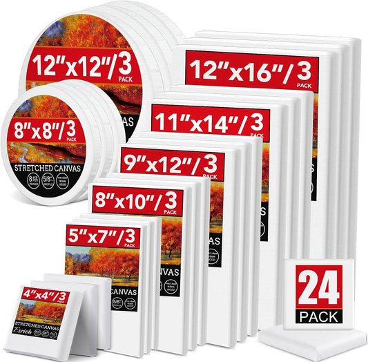 24 Pack Canvases for Painting with 4"x4", 5"x7", 8"x10", 9"x12", 11"x14", 12"x16", Round Canvas with 12"x12", 8"x8", 3 of Each, Painting Canvas for Oil & Acrylic Paint.
