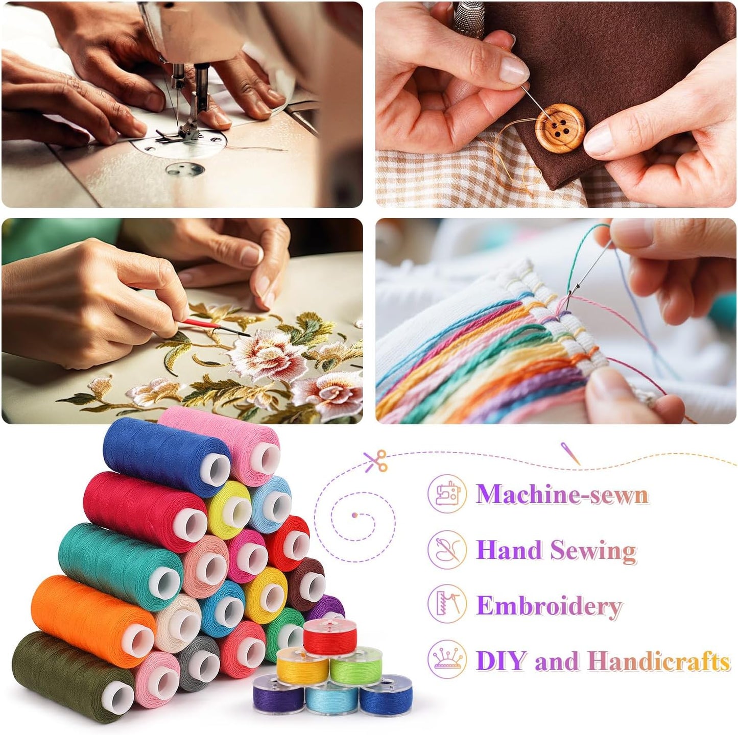 Auvitaya 72pcs Bobbins Sewing Thread Kits, 36 Colors 400 Yards per Spool Polyester Threads with Needles & Threader, Prewound Bobbin Set for Hand and Machine Sewing, DIY and Home