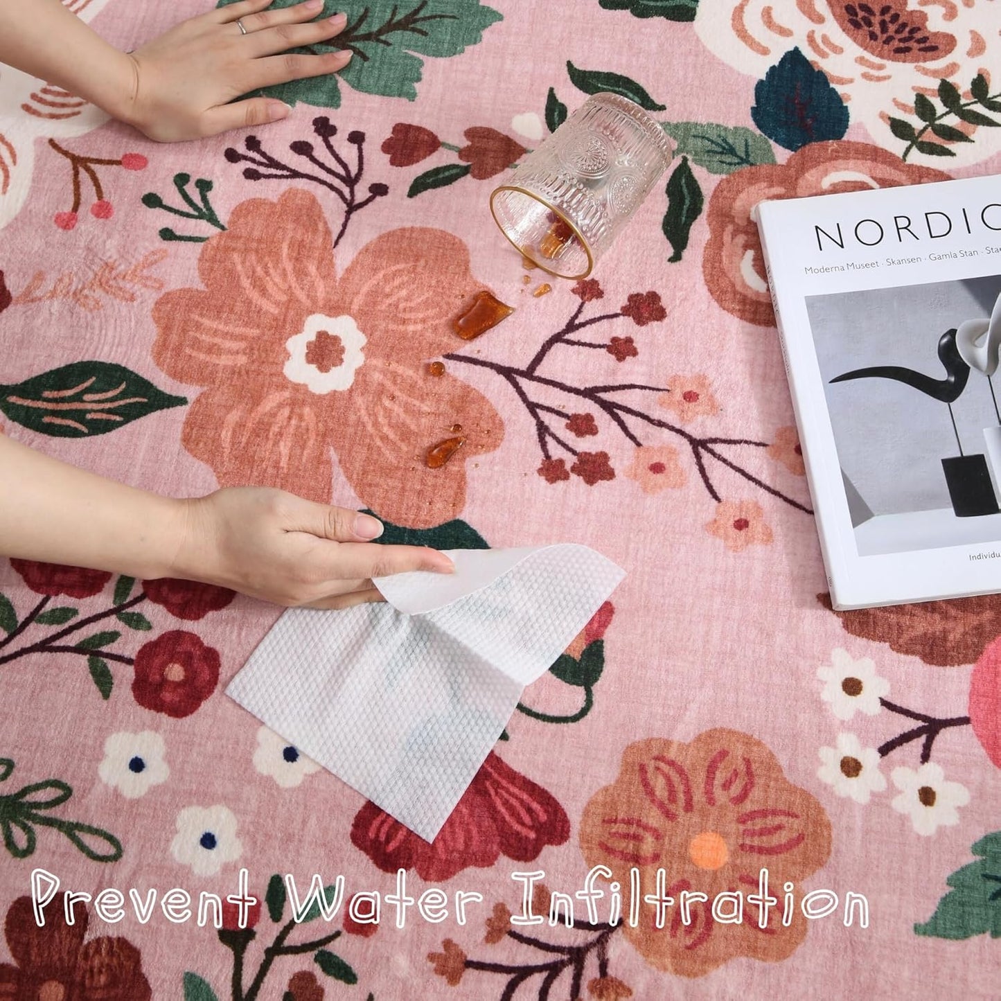 Rugcomf Living Room Rug 5x7 Rug Machine Washable Boho Area Rug Non Slip Floral Vintage Low Pile Large Rugs for Living Room, Bedroom, Farmhouse, Dining Room, Kids Playroom(Pink)