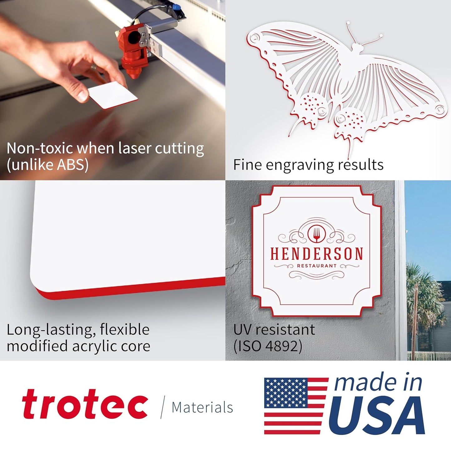 Trotec TroLase | 12"x12"x1/16", 8 Pcs | White/Red | 2 Ply | Modified Acrylic | Laser Engraving Double Color Plastic Sheet | Engraving Blanks for Laser, Saw, Guillotine | Made in USA