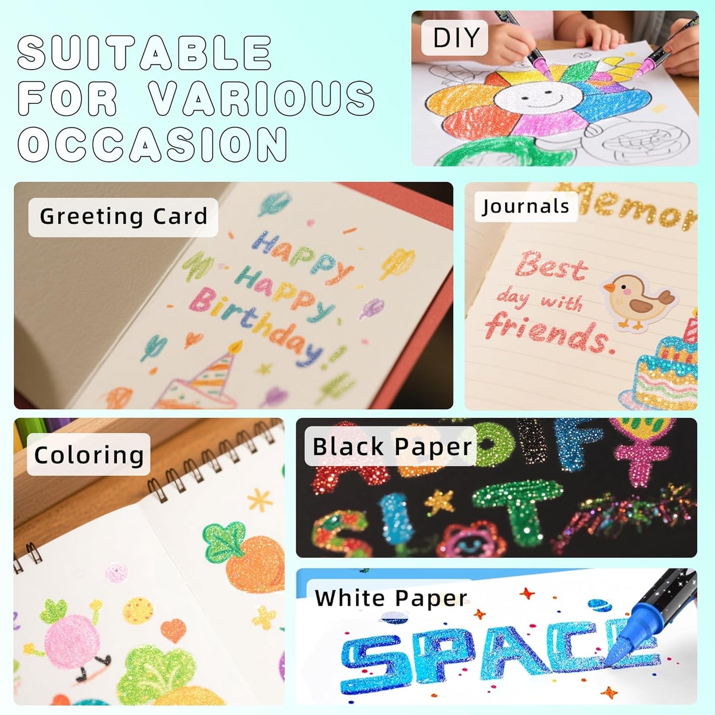 24 Colors Dual-tip Watercolor Markers, 12 Pack Glitter Brush Markers, Water-based Ink Sparkle Pen,Glitter Paint Pens for Adults Coloring,DIY Crafts,Doodle Writing, Art Crafts Gifts