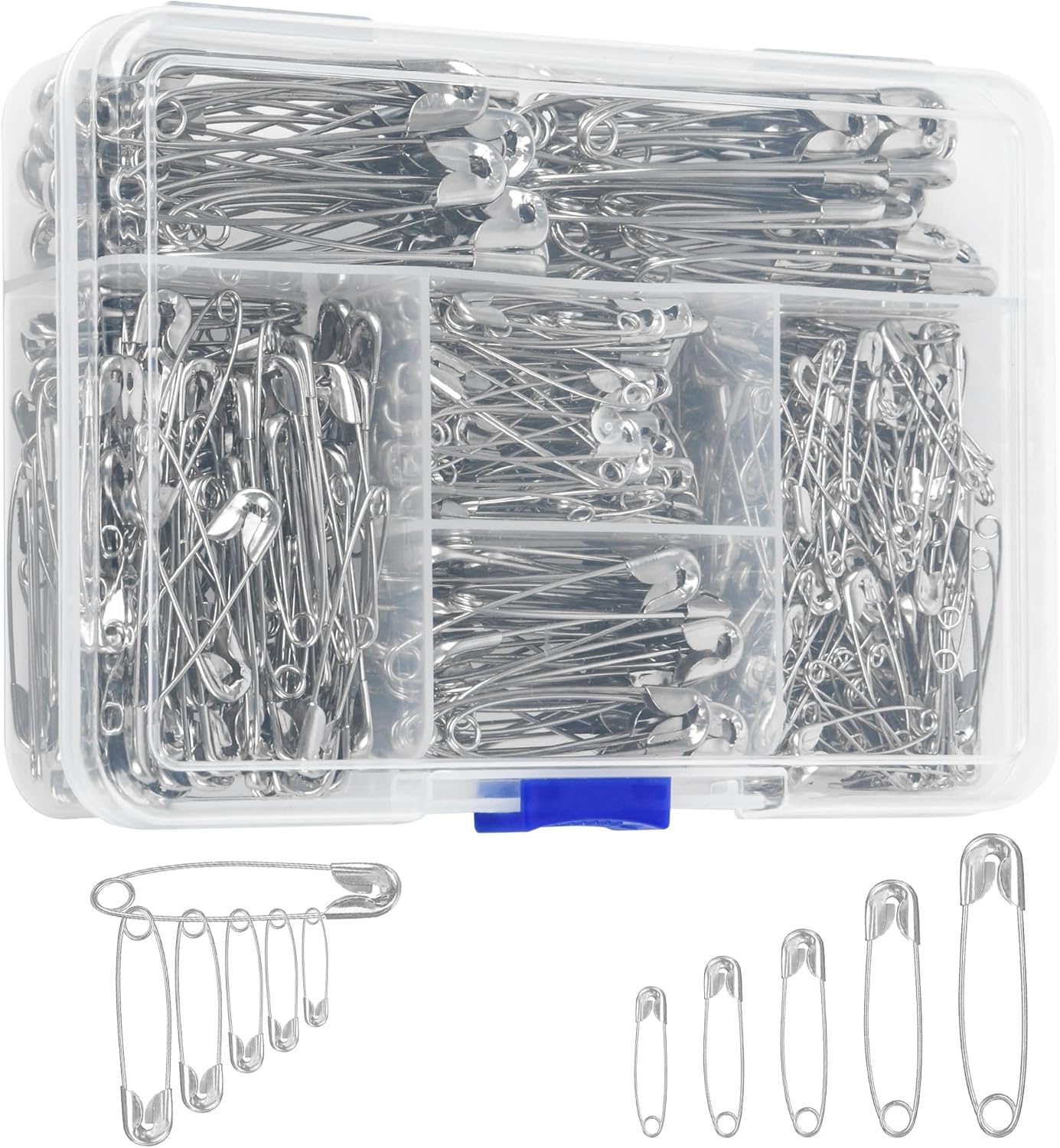 520 Pack Safety Pins, Assorted Size Bulk Silver Sewing Pins, Small & Large Heavy Duty Safety Pins for Clothes, Sewing, Art Crafts Supplies, Rust-Resistant Nickel Plated Steel