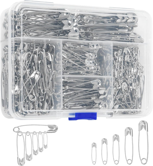 520 Pack Safety Pins, Assorted Size Bulk Silver Sewing Pins, Small & Large Heavy Duty Safety Pins for Clothes, Sewing, Art Crafts Supplies, Rust-Resistant Nickel Plated Steel