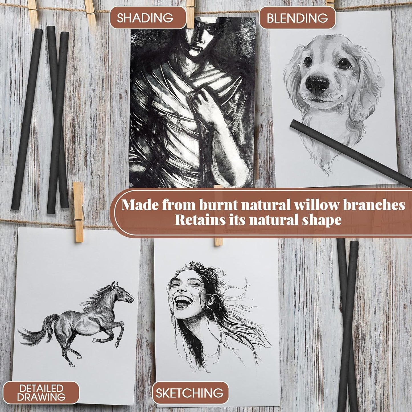 Gueevin 200 Pcs Willow Charcoal Sticks, Willow Charcoal, Artists, Beginners, Students, Perfect for Sketching, Drawing, Shading, and Fine Art Christmas Gifts for Art (5-7mm)