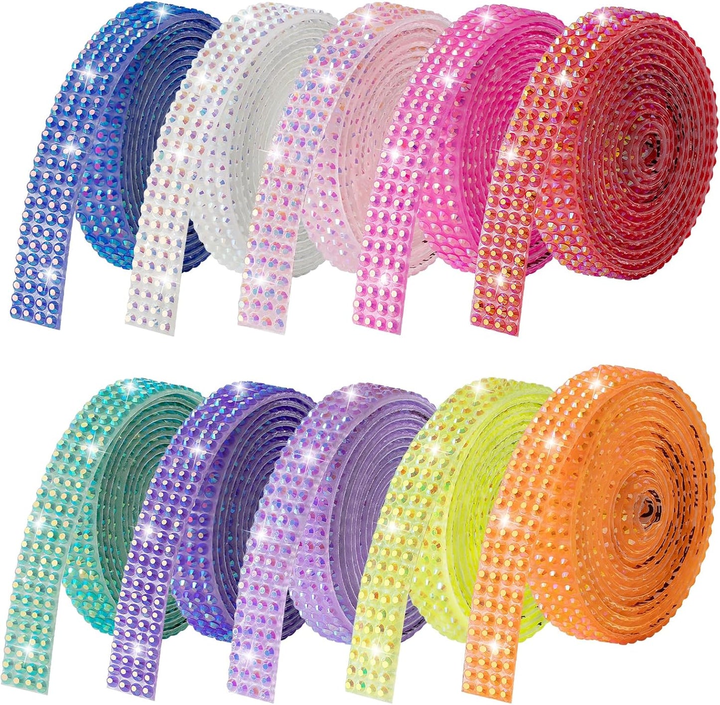 Rhinestone Ribbon Self Adhesive, 10-Rolls Bedazzling Strips, 10-Yard Rhinestone Strips for DIY Craft, Rhinestones for Crafting, 10 Colors